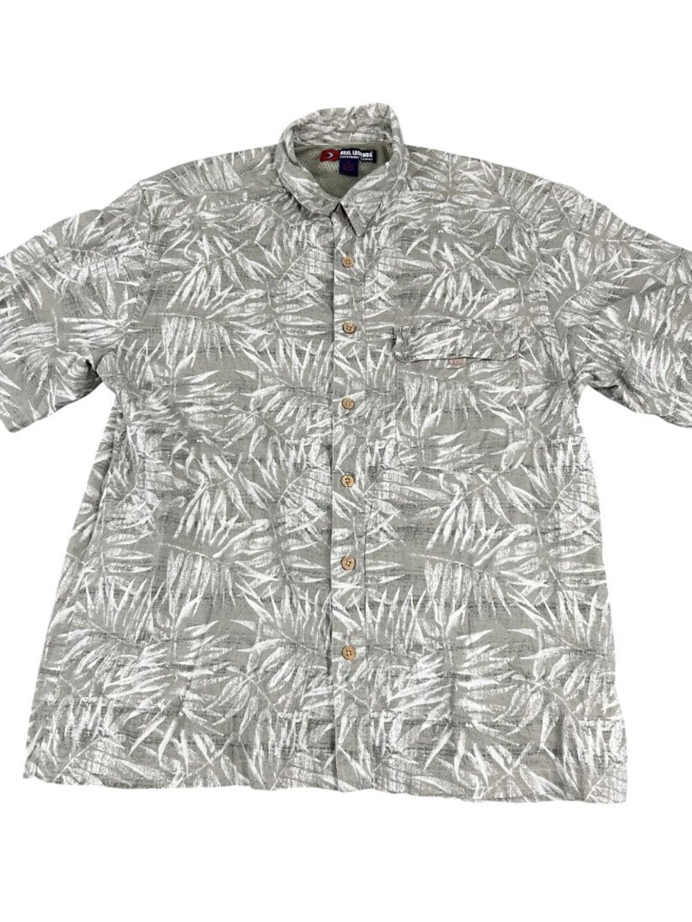 Reel Legends Mens XL Short Sleeve Button-Up Shirt Tropical Palm Print Gray White